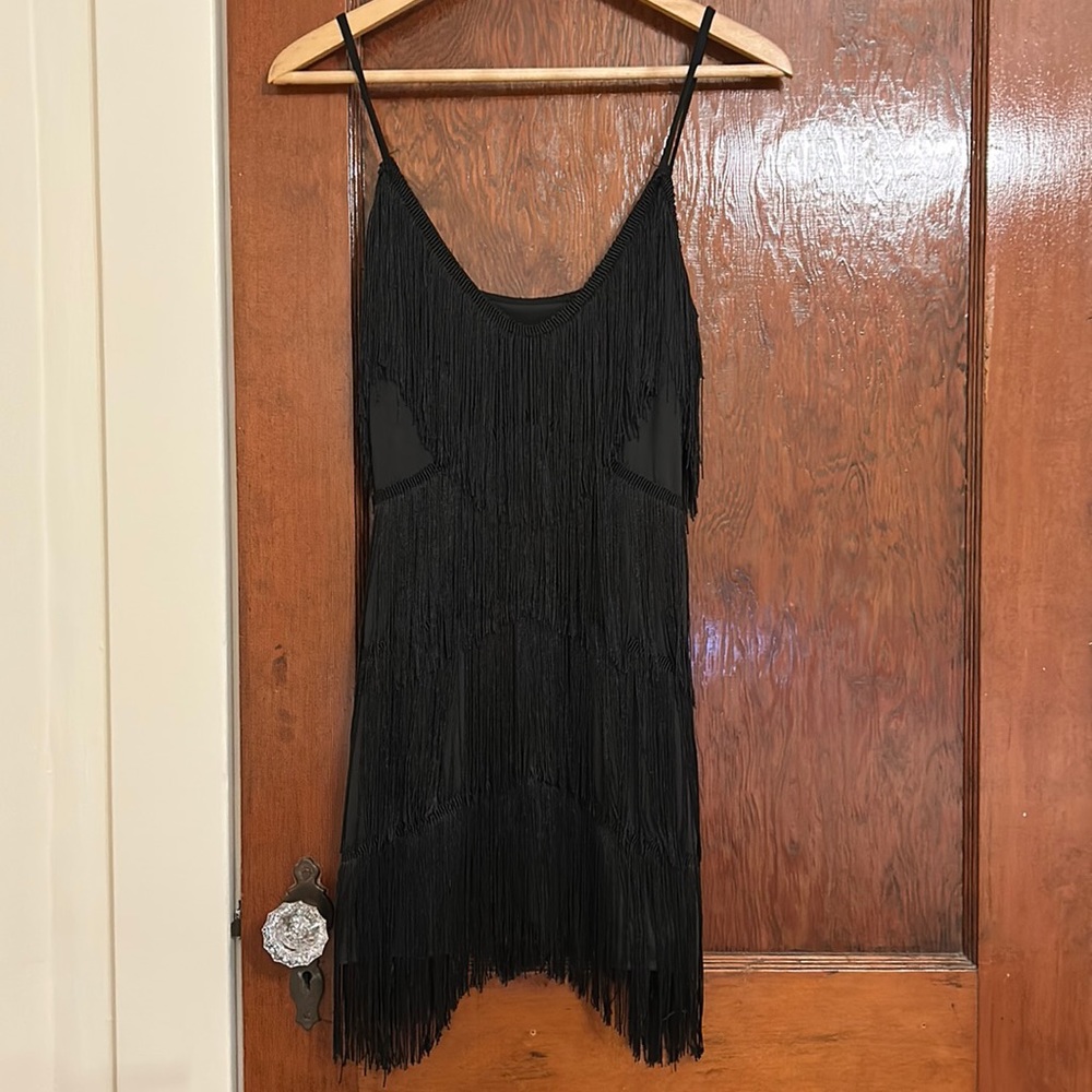 Short Thin Strap Flapper Dress with Tassels - Black